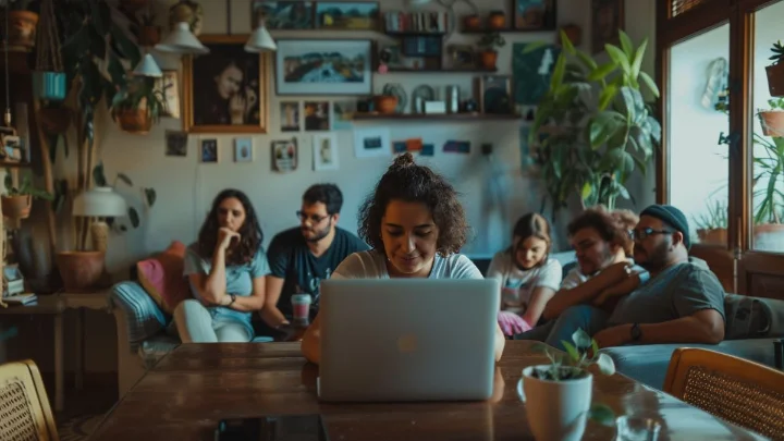 Valores a Receber Banco Central: Como Consultar e Resgatar 1 Pessoa usando notebook em casa, com familiares ao fundo, consultando valores a receber Banco Central.