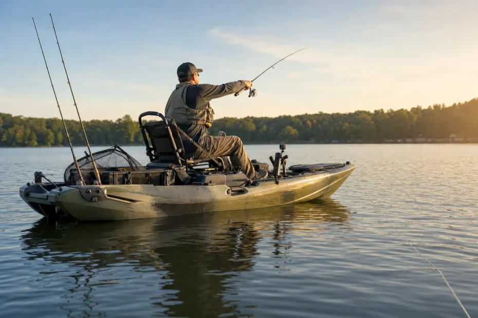 Caiaque de pesca ancorado em lago