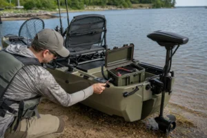 Bateria de litio em caixa estanque ligada ao motor de caiaque de pesca