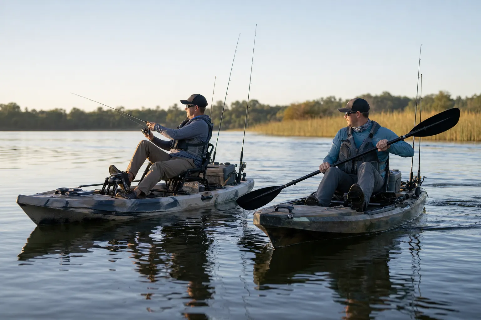 Caiaque de pesca a pedal ao lado de caiaque a remo