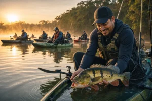 Caiaqueiros na largada de um campeonato de pesca em caiaque em uma represa ao amanhecer