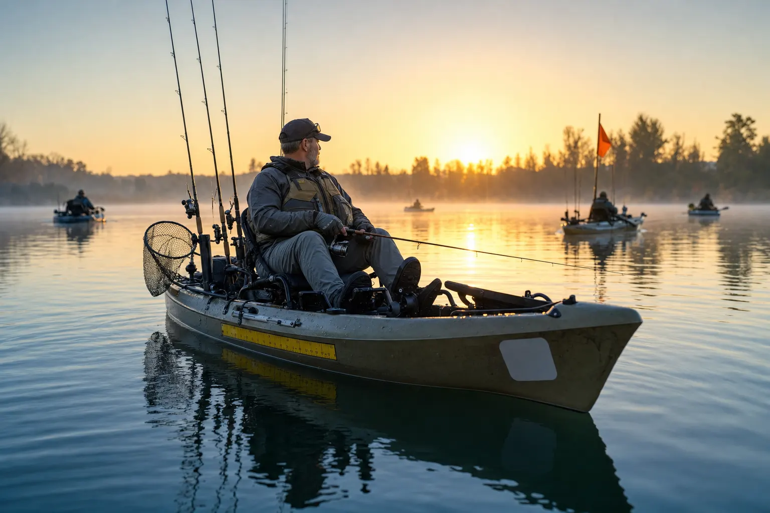 Equipamento obrigatório para campeonato de pesca em caiaque 1 Caiaqueiro com colete salva-vidas e adesivo numerado, ilustrando o equipamento obrigatório para campeonato de pesca em caiaque