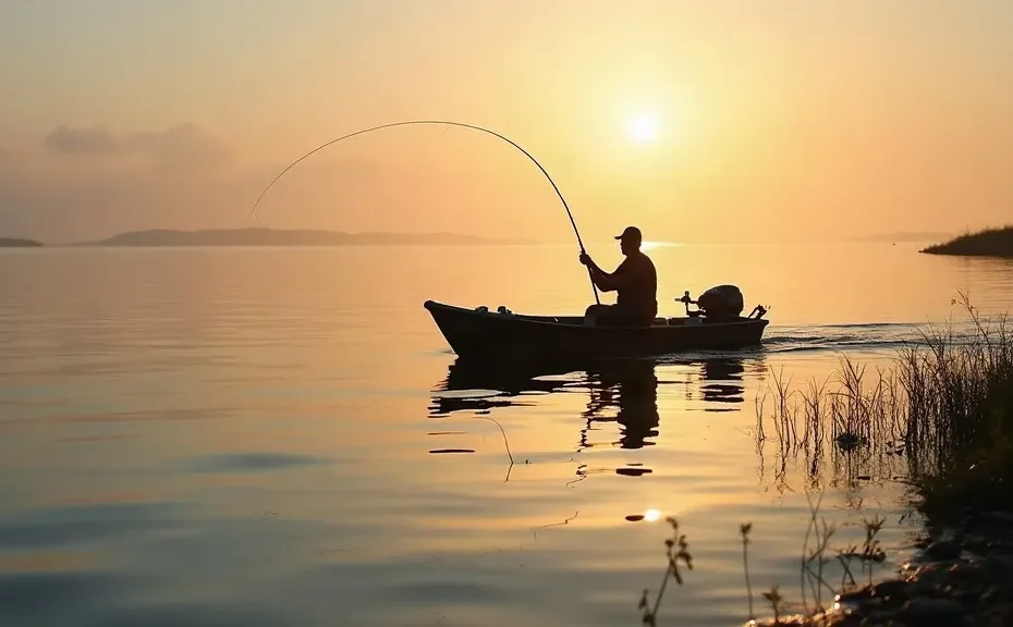 Caiaque de pesca com motor elétrico para caiaque instalado na popa em represa calma