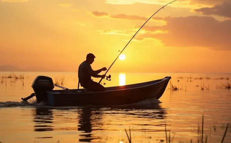Pescador em caiaque com motor navegando em represa, ilustrando se o motor precisa de arrais