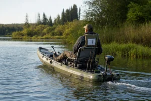 Caiaque de pesca motorizado navegando com piloto de colete