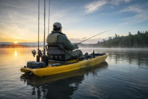 Pescador em caiaque de pesca num lago ao amanhecer