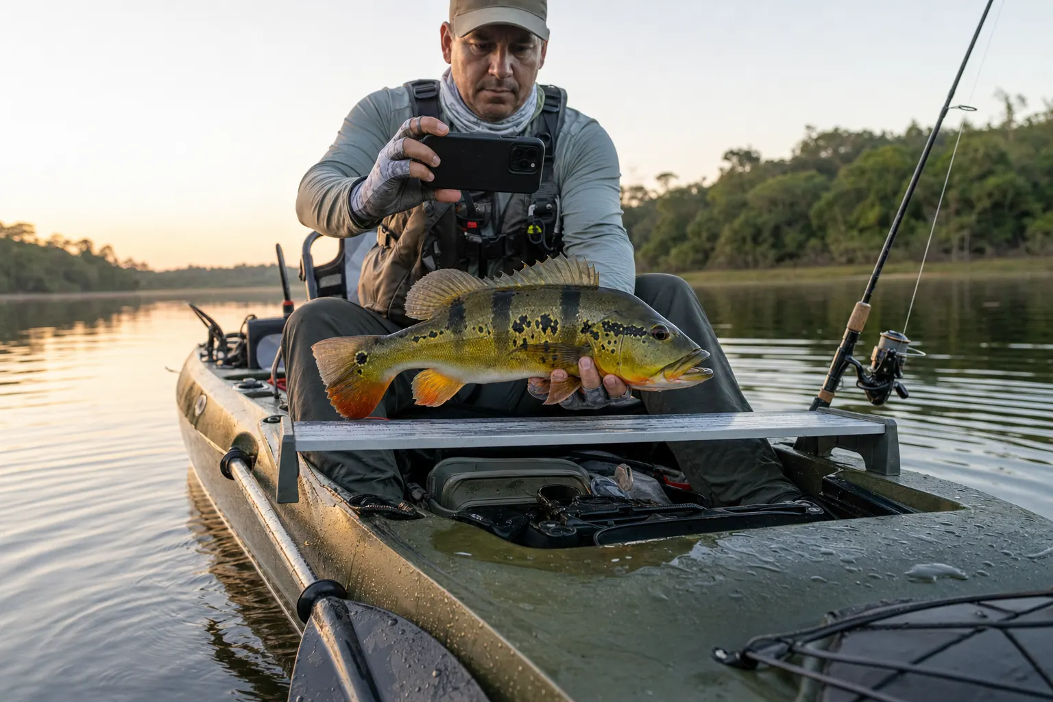 Pescador medindo peixe em régua no caiaque, ilustrando as regras de torneio de pesca em caiaque