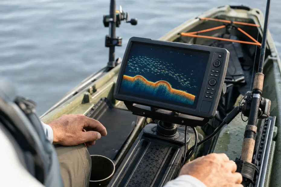 Sonar de pesca instalado em caiaque
