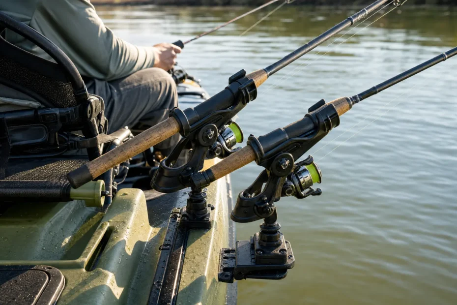 Suportes de vara instalados em caiaque de pesca